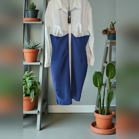 Fashion Nova Let's Get Serious Midi Shirt Dress - Navy/combo Size Large (NWT) - Picture 6 of 16